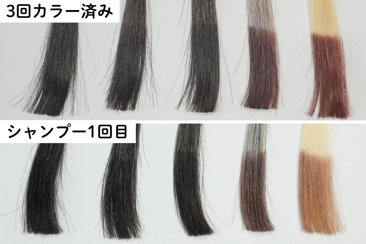 シエロ ナチュラルブラウンを3回塗布した直後とシャンプー1回後の白髪率別色落ち比較