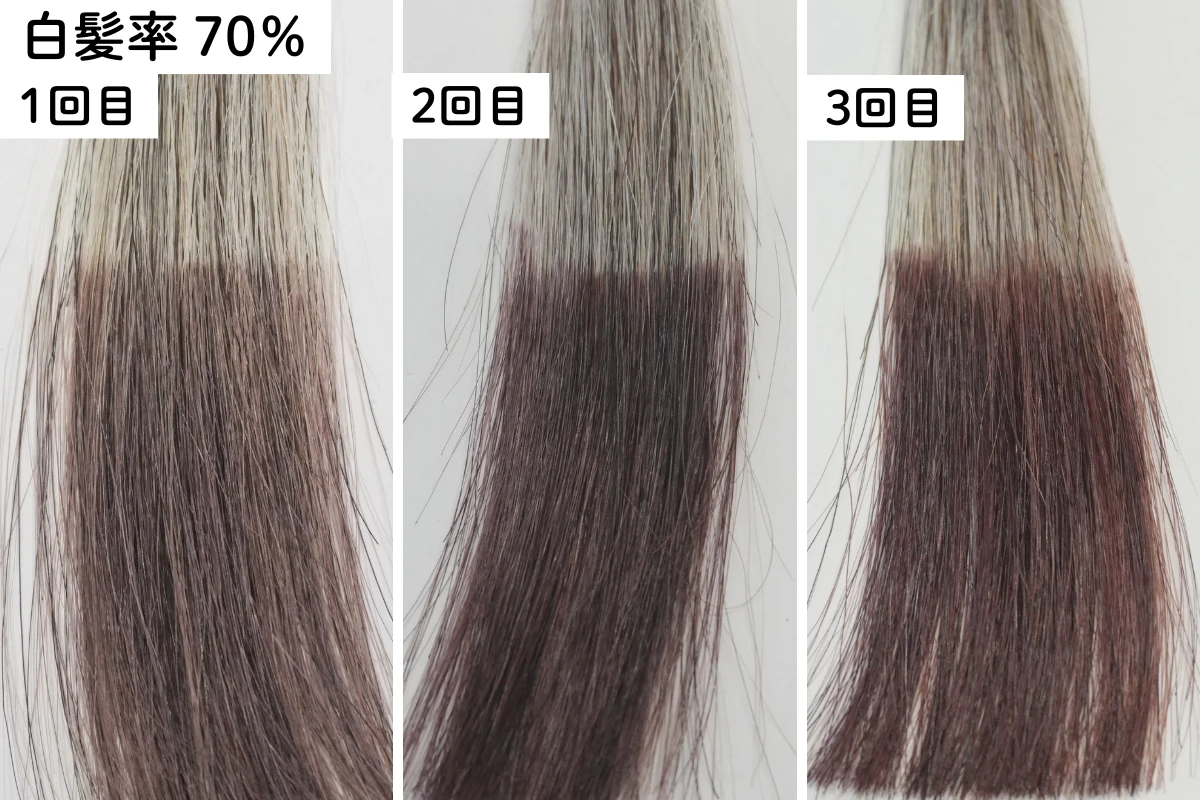 シエロ ナチュラルブラウンを白髪率70％の毛束へ1回・2回・3回使用した比較