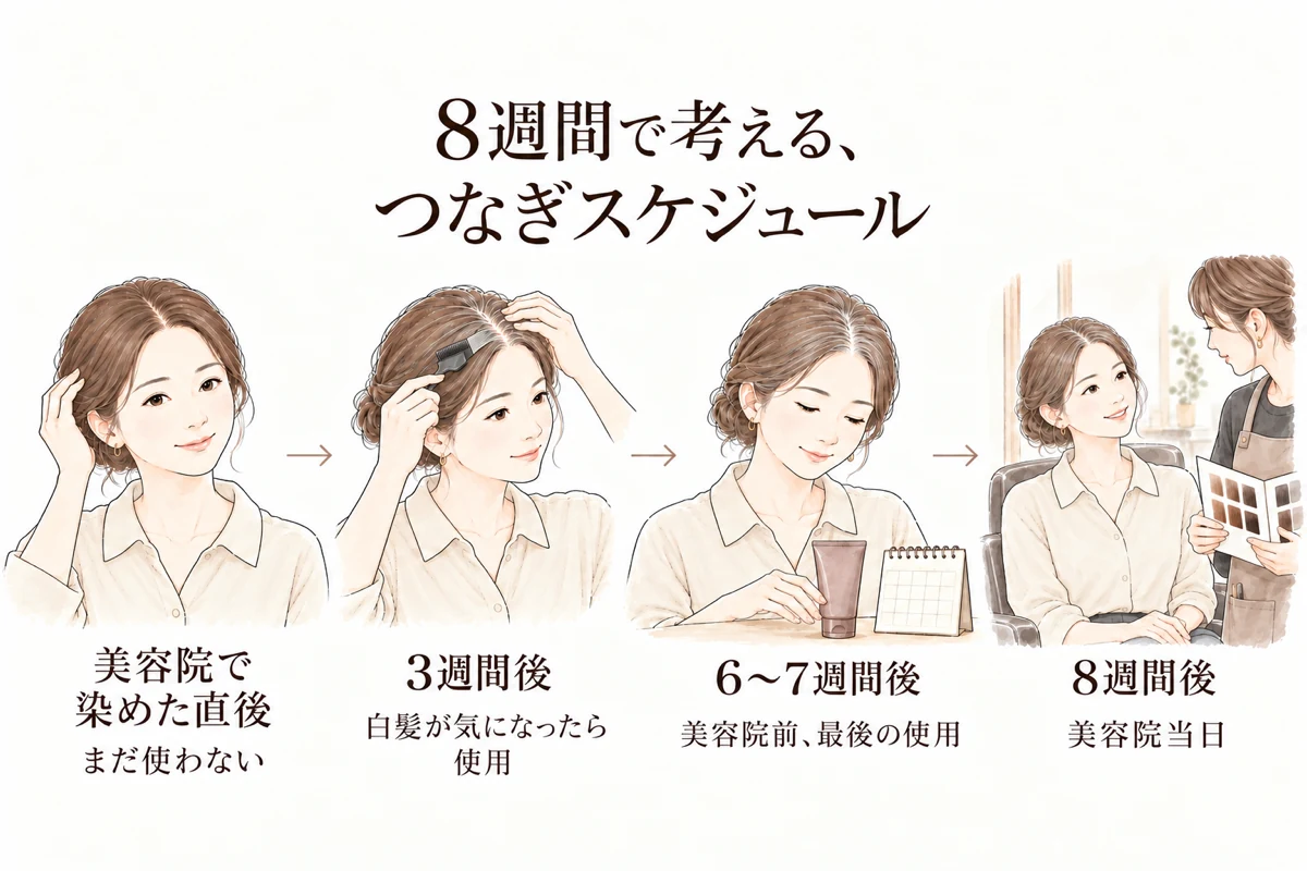 8週間で考える、つなぎスケジュール:染めた直後は使わず、3週間後から使いはじめ、6〜7週間後(予約の1週間前)が最後